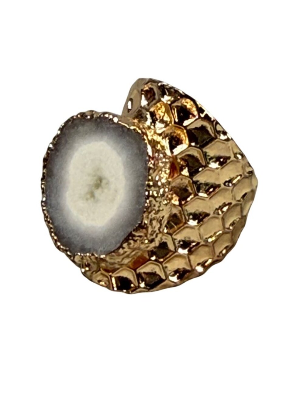 Gold Tone Statement Ring Geode Slice Design & Textured Band Sz 9 Beehive Pattern